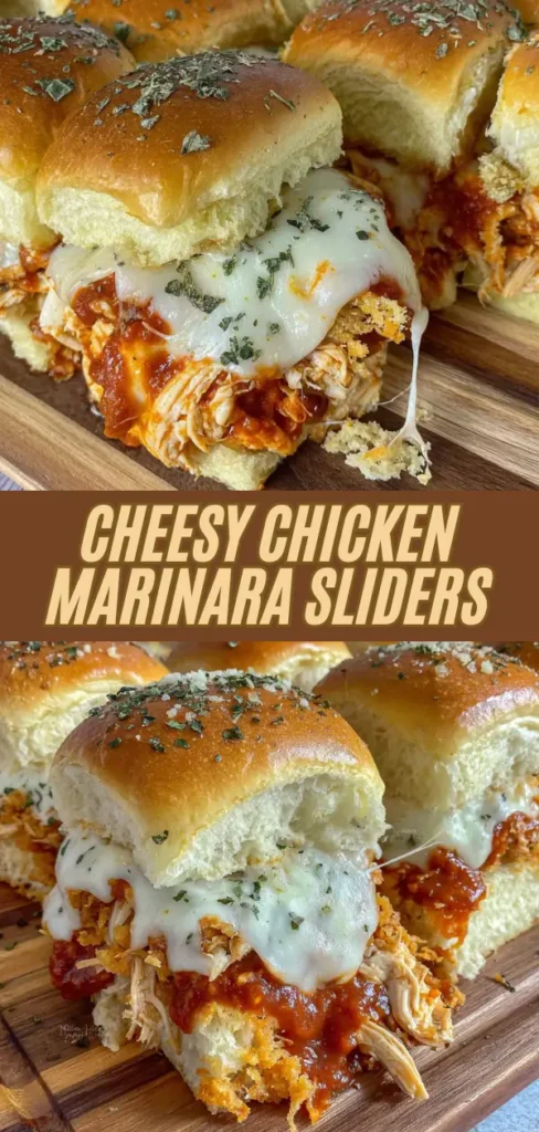 Cheesy chicken marinara sliders with shredded chicken, marinara sauce, melted cheese, and herbs, served on soft slider buns.