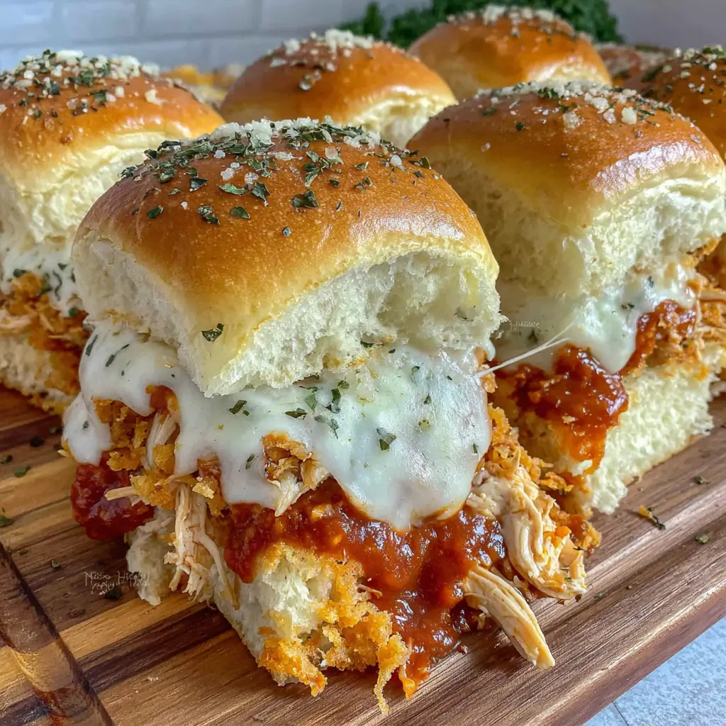 Chicken sandwich sliders with melted cheese, barbecue sauce, shredded chicken, and herbs, served on soft buns.