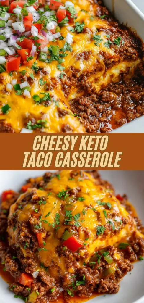 Golden cheesy keto taco casserole fresh from the oven, topped with bubbly melted cheddar, seasoned ground beef, diced tomatoes, red onion, green peppers, and fresh chopped cilantro garnish