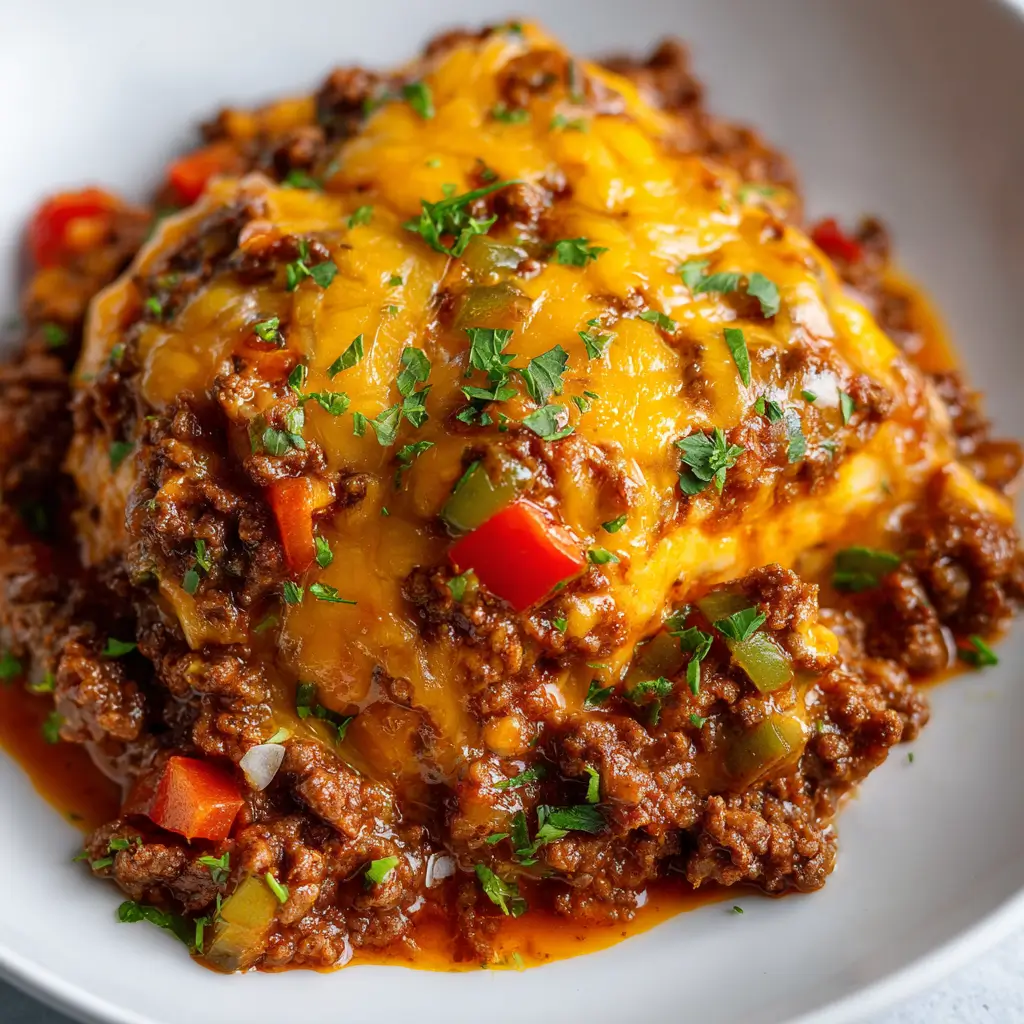 Hearty baked taco casserole topped with bubbly melted cheddar cheese, seasoned ground beef, colorful diced tomatoes, red onion, green bell peppers, and fresh chopped cilantro garnish in a white baking dish