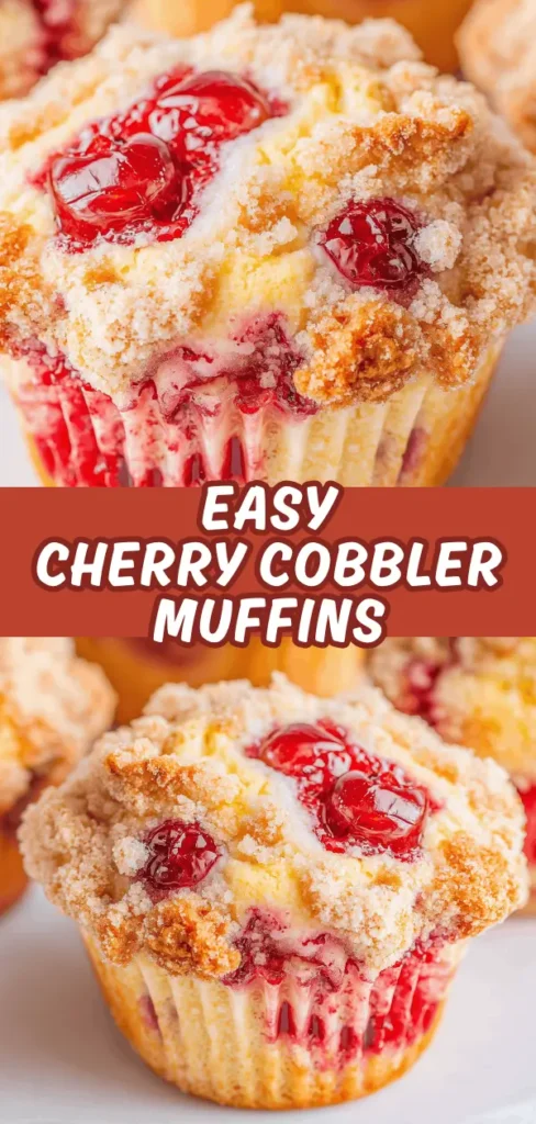 Close-up of a cherry cobbler muffin topped with a crumbly streusel and whole cherries, with other muffins blurred in the background.