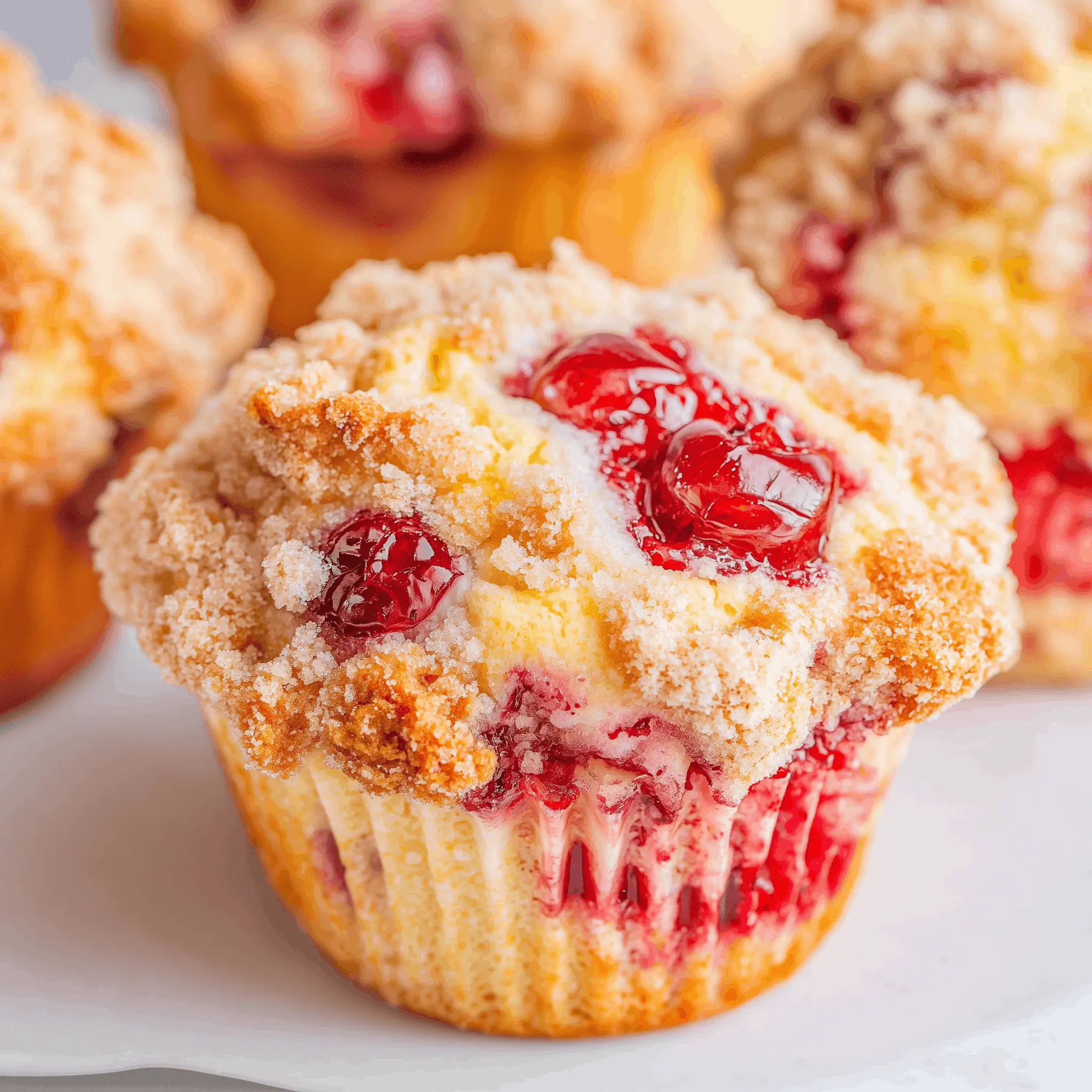 Close-up of a cherry crumble muffin topped with a crumbly streusel and whole cherries, with other muffins blurred in the background.