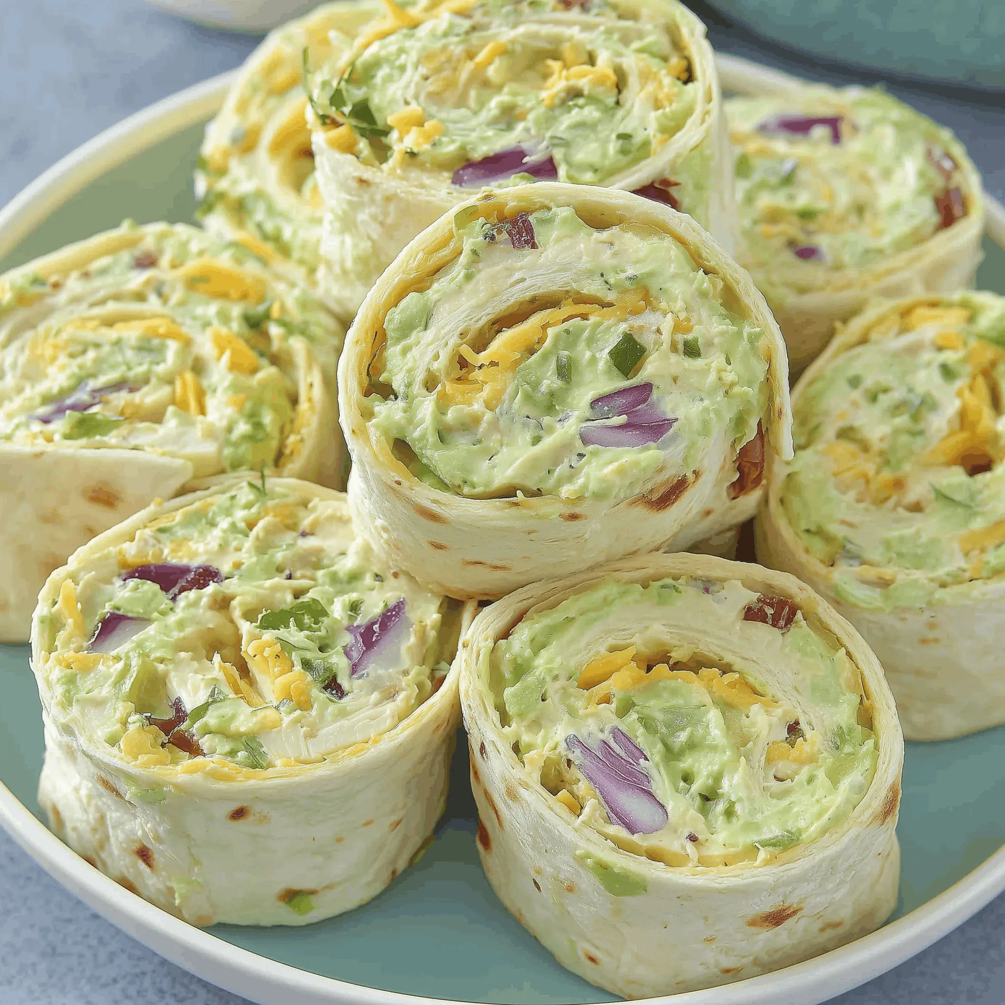 creamy avocado chicken salad wraps with diced red onions, shredded cheese, and chopped green herbs in flour tortillas.