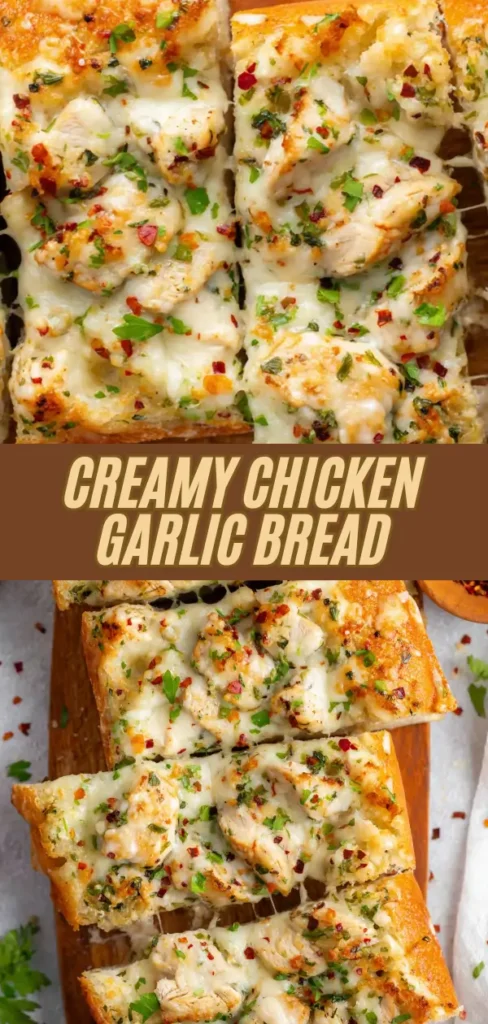 Creamy chicken garlic bread topped with melted cheese, chopped herbs, and red pepper flakes, served on a wooden board.