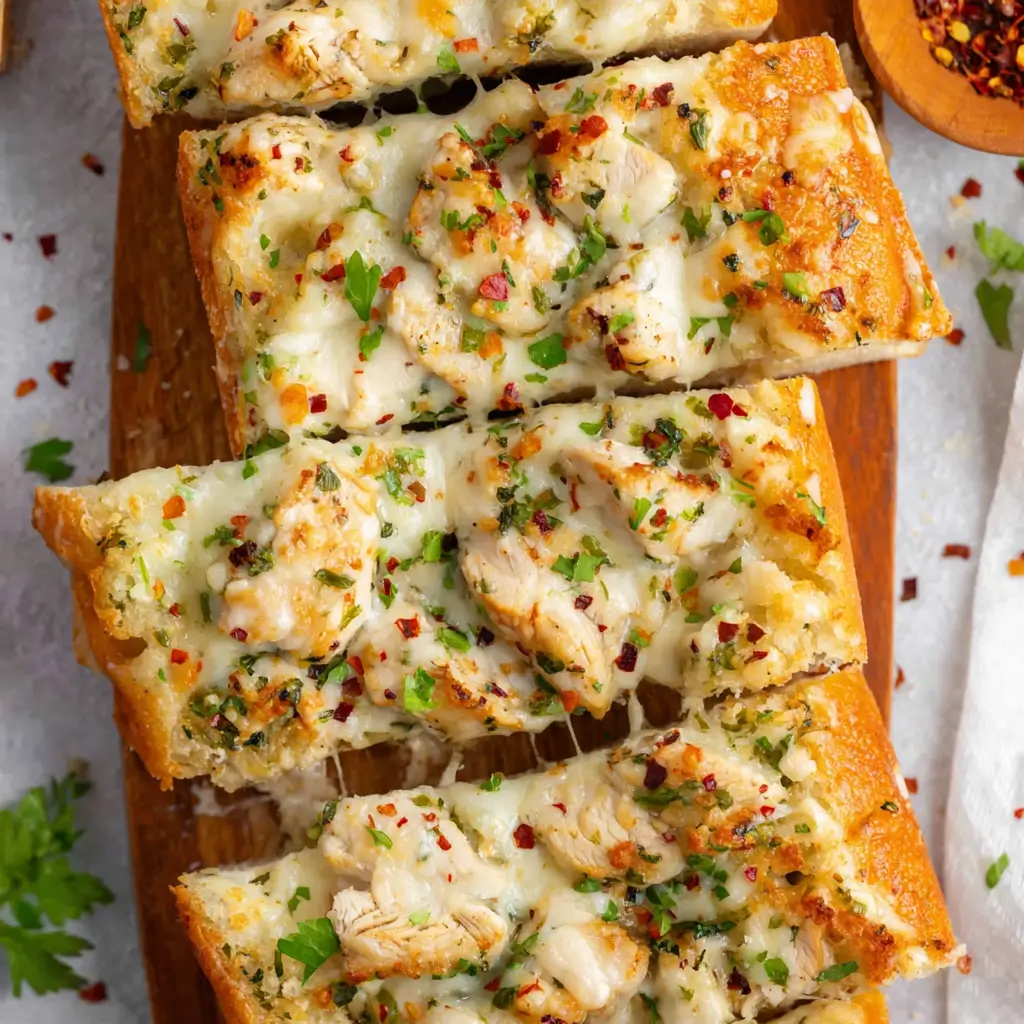 Gooey cheesy garlic bread slices topped with herbs and red pepper flakes, served on a wooden board.
