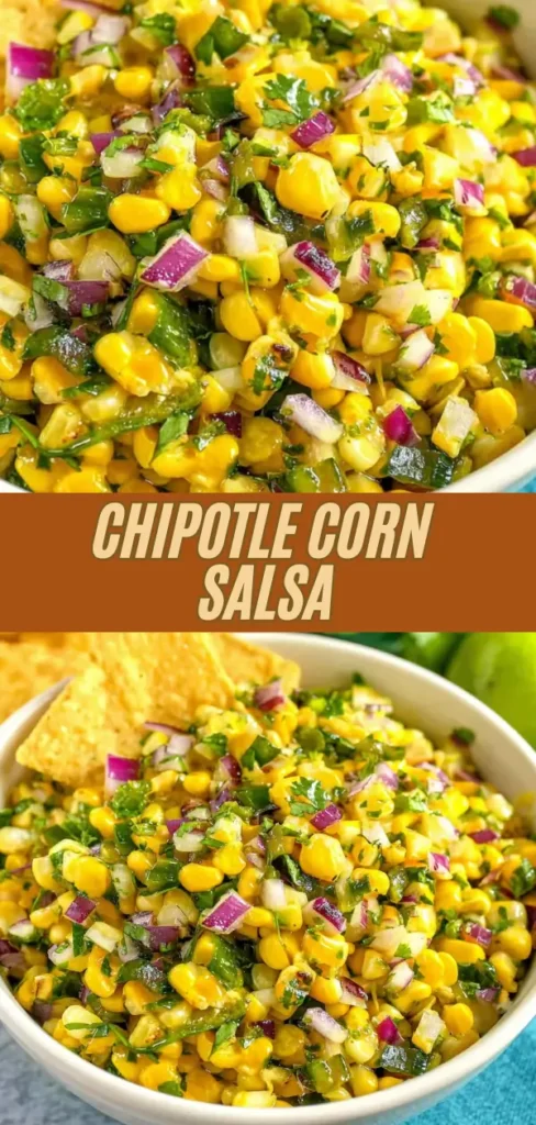 Close-up of vibrant chipotle corn salsa with chopped red onions, cilantro, and jalapeños, served in a white bowl with tortilla chips on the side.
