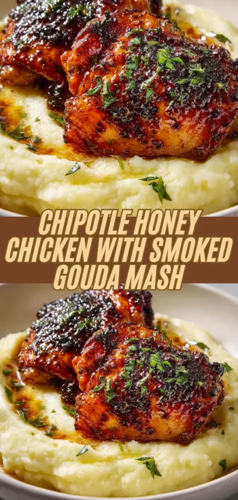 Close-up of chipotle honey glazed chicken thighs topped with chopped herbs, served over creamy gouda mashed potatoes.