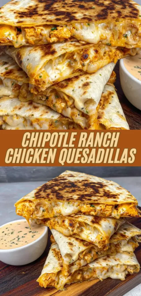 A stack of chipotle ranch chicken quesadillas with melted cheese and a side of creamy chipotle ranch sauce, served on a wooden board.