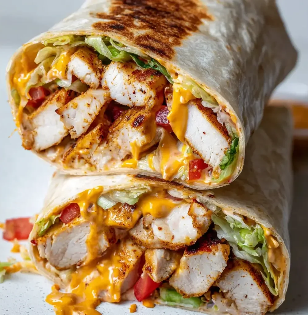 A close-up of two grilled chicken burritos sliced in half, revealing tender grilled chicken, fresh lettuce, diced tomatoes, shredded cheese, and creamy sauce inside a soft flour tortilla.