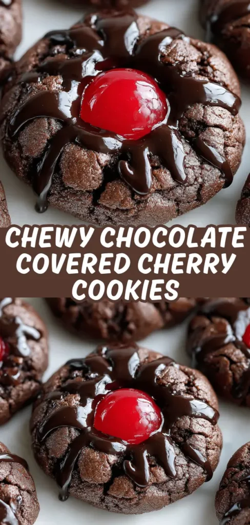 Chewy chocolate cookies topped with a bright red cherry and drizzled with glossy chocolate sauce, showcasing a rich, fudgy texture with a slight dusting of powdered sugar.