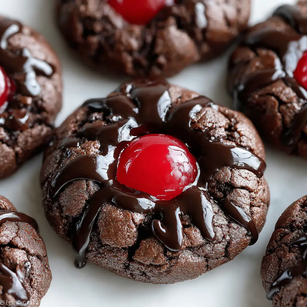 Close-up of a chocolate cookie topped with a bright red cherry, drizzled with glossy chocolate sauce, showing a rich, fudgy texture with a dusting of powdered sugar.