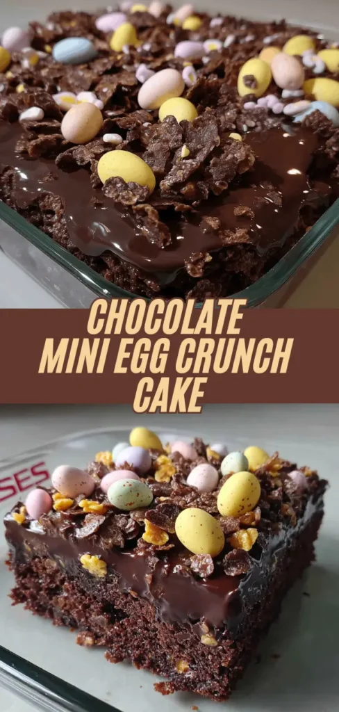 chocolate mini egg crunch cake, showing a rich, fudgy base topped with a glossy chocolate layer, crunchy chocolate pieces, and colorful mini eggs.