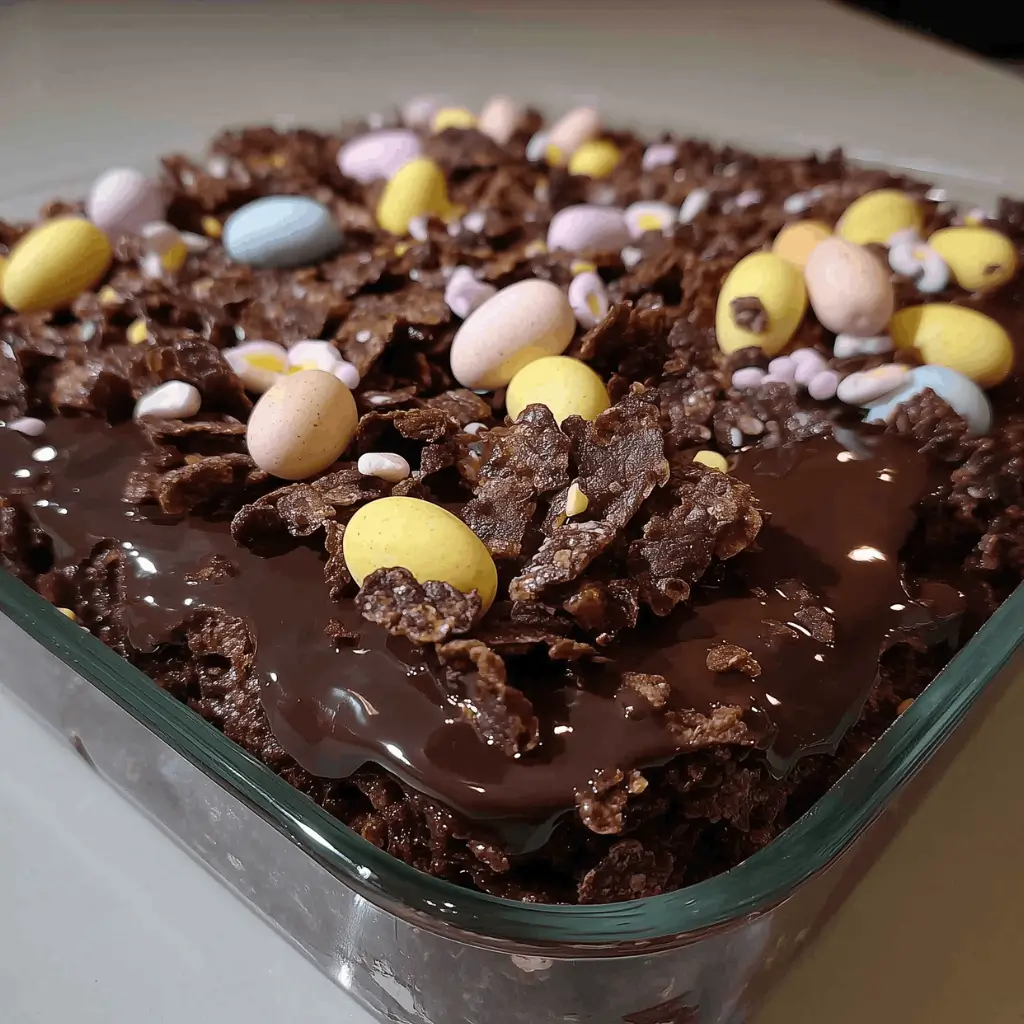 A close-up of a layered chocolate dessert in a glass dish, topped with colorful candy eggs, chocolate shards, and a glossy chocolate layer.