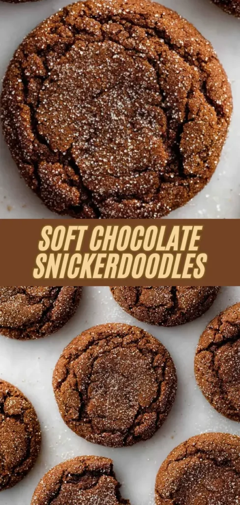 Close-up of soft chocolate Snickerdoodles cookies dusted with sugar, showing cracked surface and chewy texture.