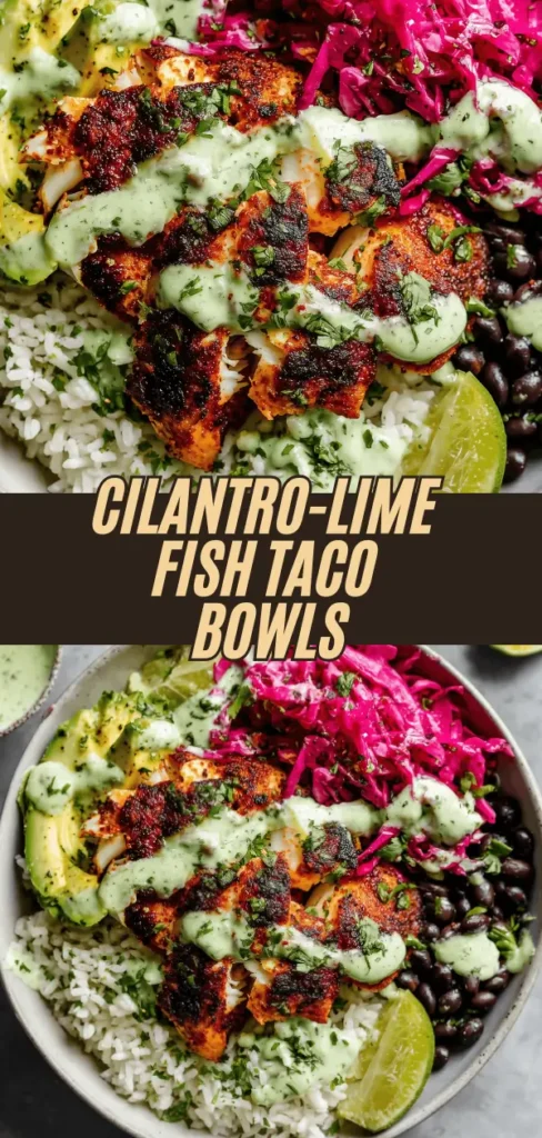 Close-up of a Cilantro-Lime Fish Taco Bowl featuring grilled fish, rice, black beans, sliced avocado, pickled red cabbage, and a drizzle of green cilantro-lime sauce, garnished with fresh herbs and a lime wedge.