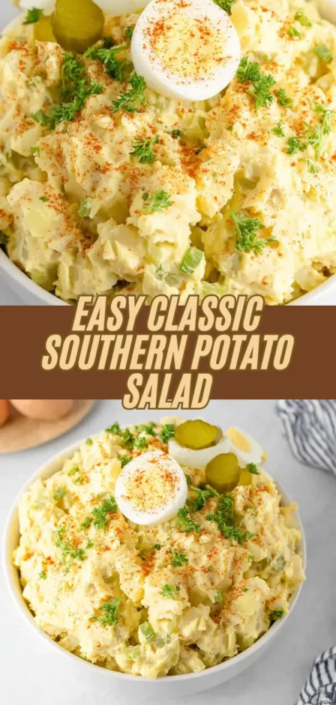 Bowl of classic Southern potato salad decorated with sliced hard-boiled eggs, pickles, green onions, paprika, and parsley.