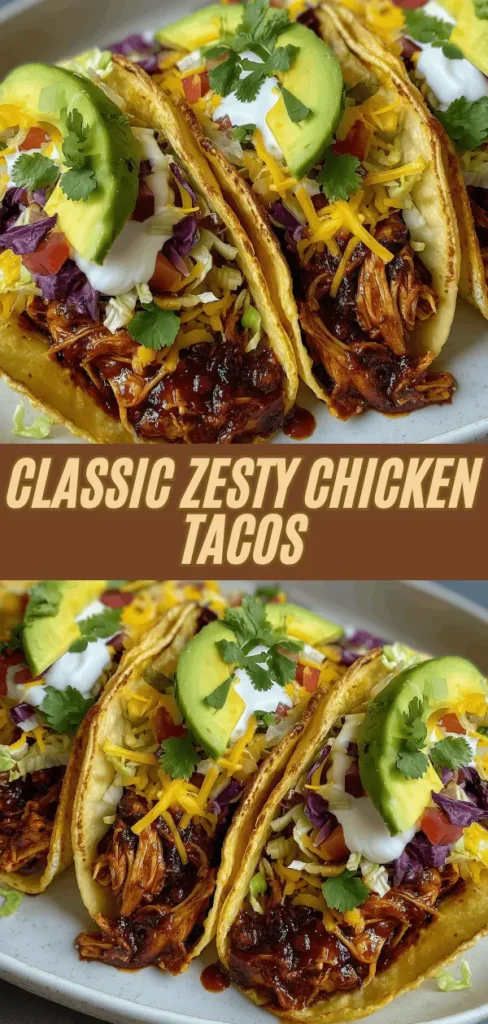 Three delicious chicken tacos filled with shredded chicken in a savory sauce, topped with shredded cheese, diced tomatoes, chopped cilantro, sliced avocado, sour cream, and shredded lettuce.