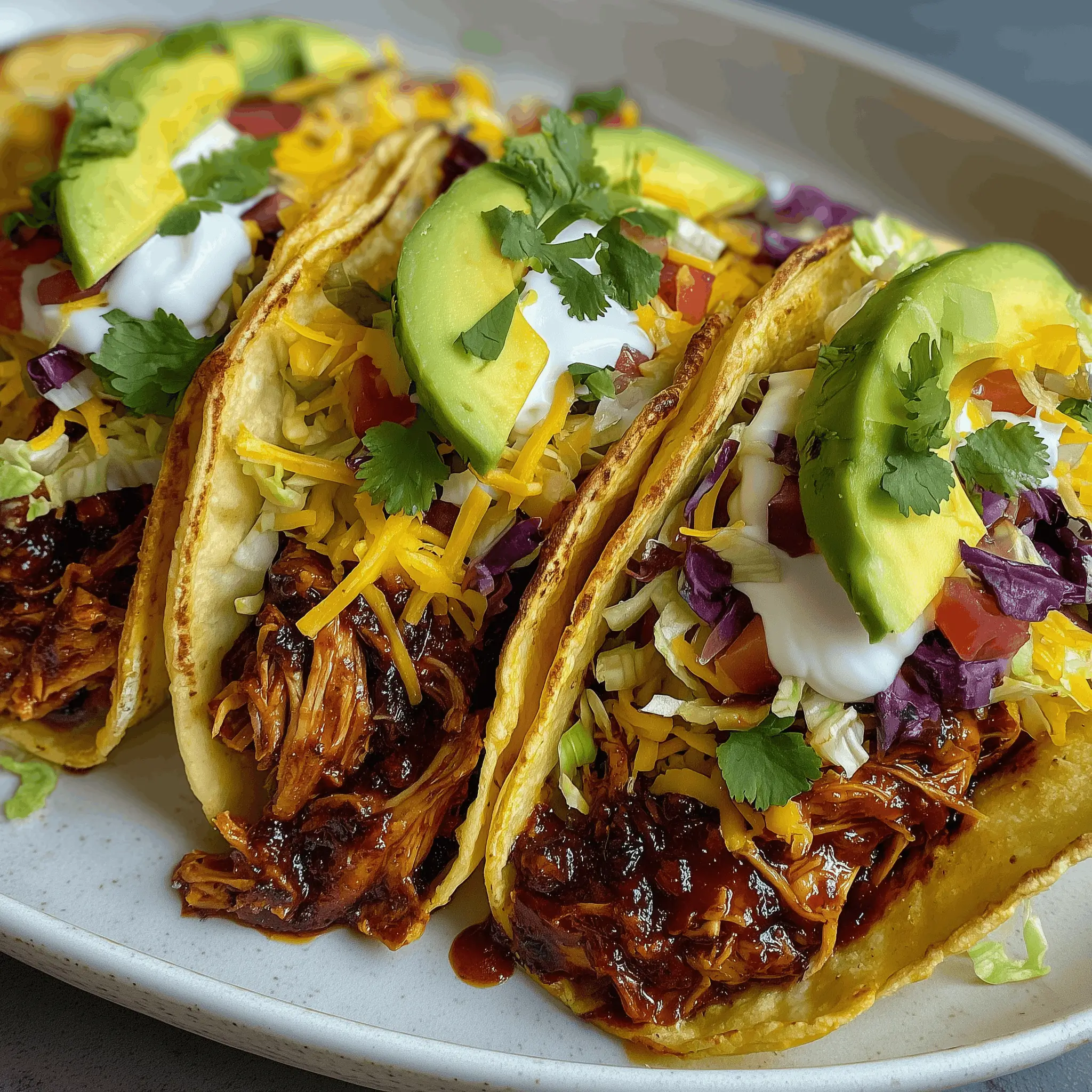 Tacos filled with tender shredded meat, topped with sliced avocado, sour cream, diced tomatoes, shredded cheese, and fresh cilantro.