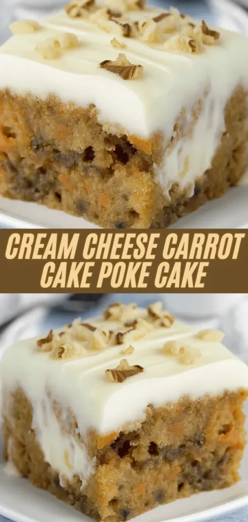 Classic cream cheese frosted carrot poke cake square with thick layer of smooth white cream cheese frosting swirled on top, sprinkled generously with chopped walnuts, revealing moist spiced carrot cake base filled with shredded carrots and raisins visible in the cross-section