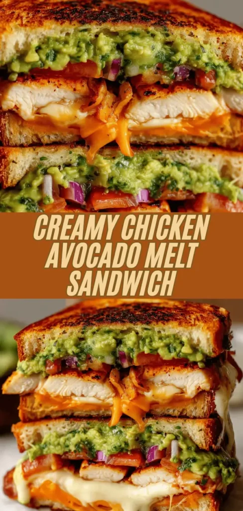 A close-up of a stacked, crispy grilled sandwich filled with tender chicken, melted cheese, creamy avocado, and fresh vegetables, showcasing a deliciously gooey and colorful cross-section.