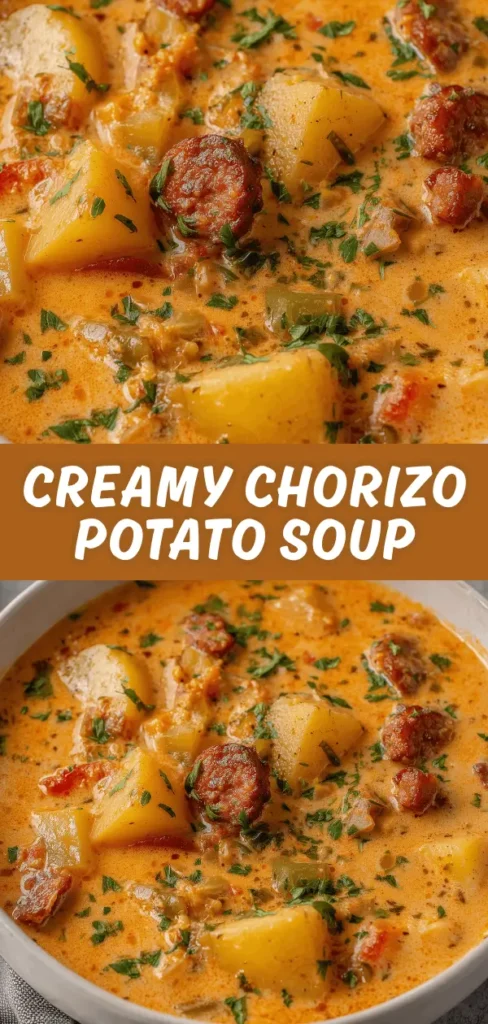 A close-up of creamy chorizo potato soup in a white bowl, showing chunks of potatoes, slices of chorizo sausage, and sprinkled fresh herbs, all in a rich, orange-colored broth.