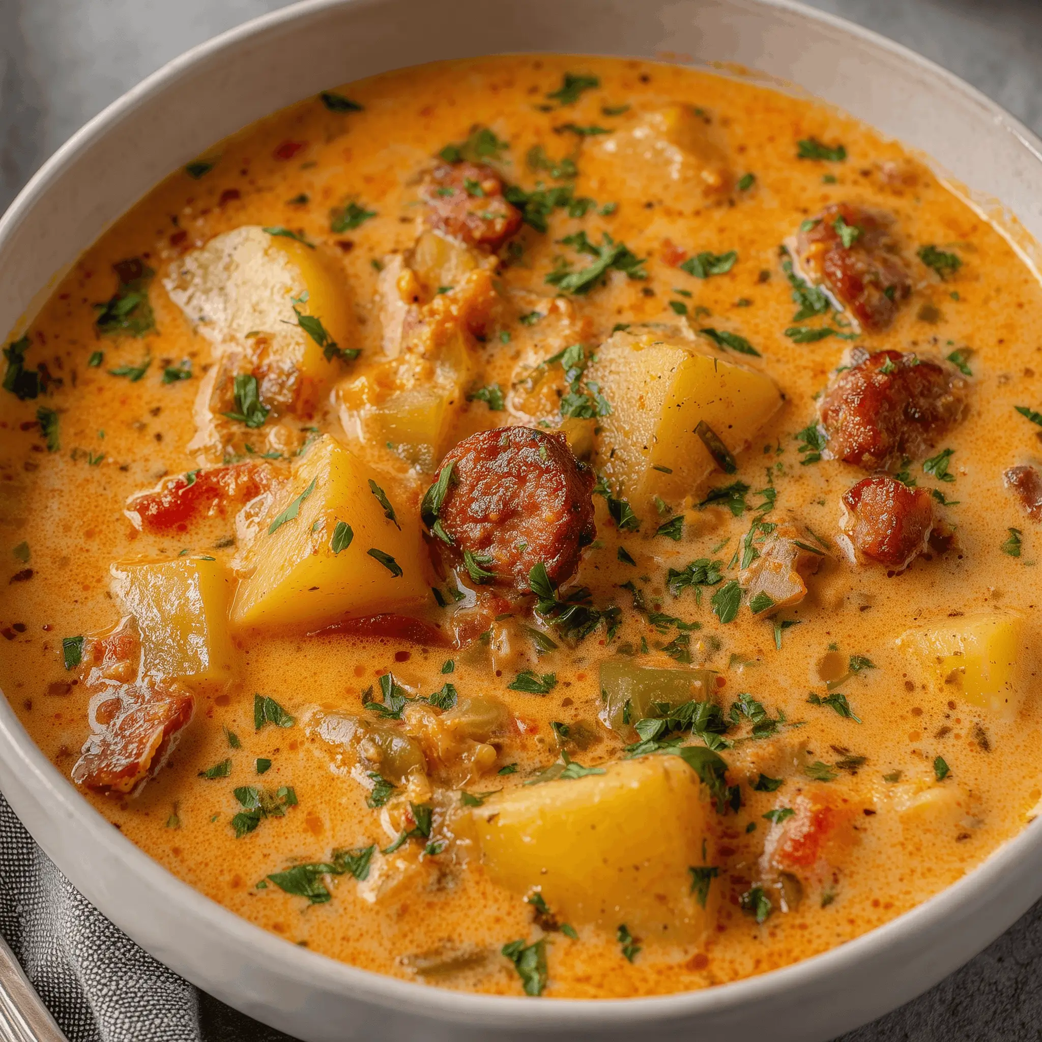 A bowl of hearty potato sausage soup garnished with chopped herbs, featuring chunks of potatoes, slices of sausage, and a creamy, orange-colored broth.