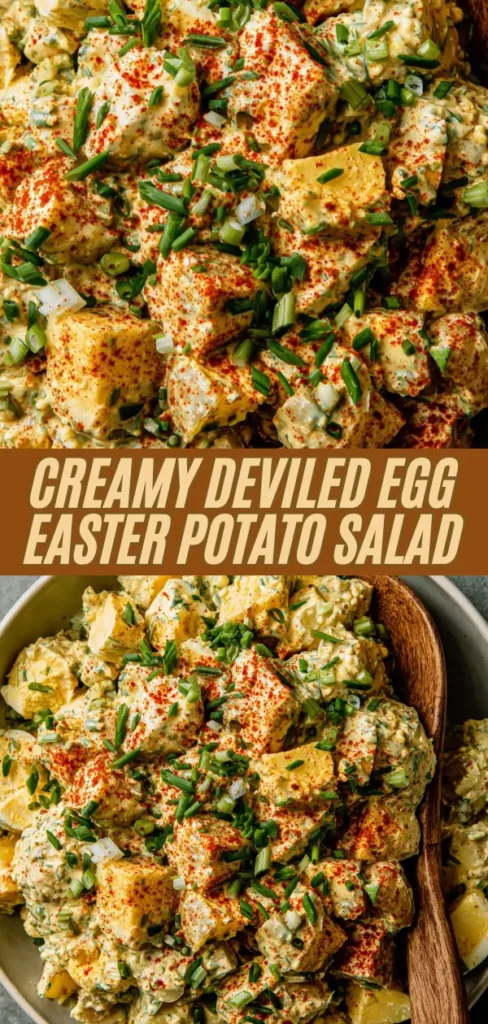 Close-up of creamy deviled egg potato salad in a bowl, featuring tender potato chunks and chopped hard-boiled eggs mixed in a rich tangy dressing, topped with a generous dusting of paprika and chopped fresh chives