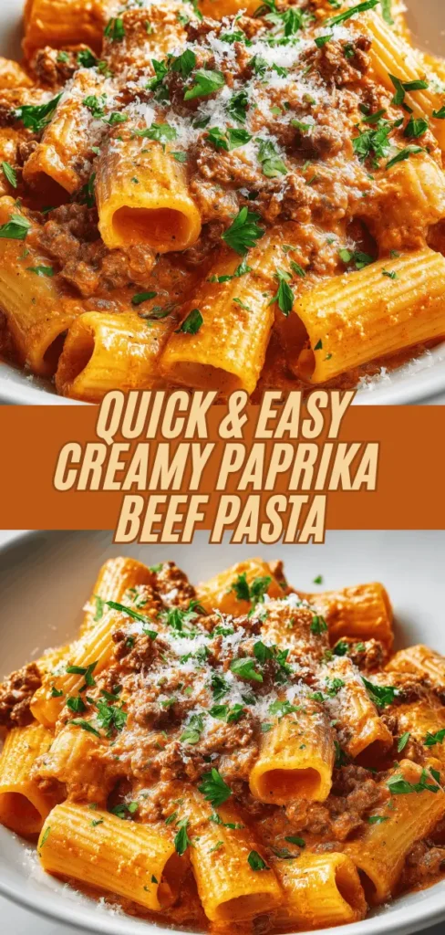 Rigatoni pasta with creamy paprika beef sauce, topped with grated cheese and fresh parsley.