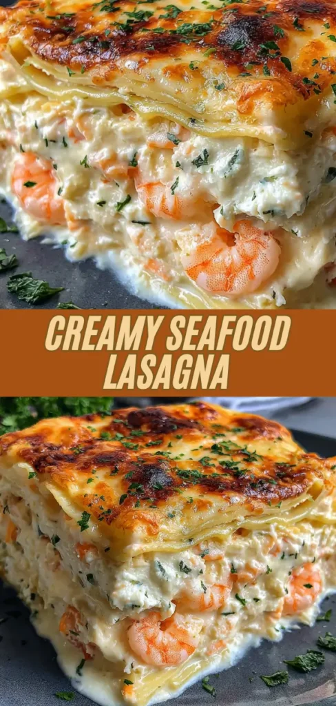 A close-up of a hearty slice of creamy seafood lasagna, showing layers of pasta, shrimp, creamy white sauce, melted cheese, and herbs, with a golden-brown top crust.