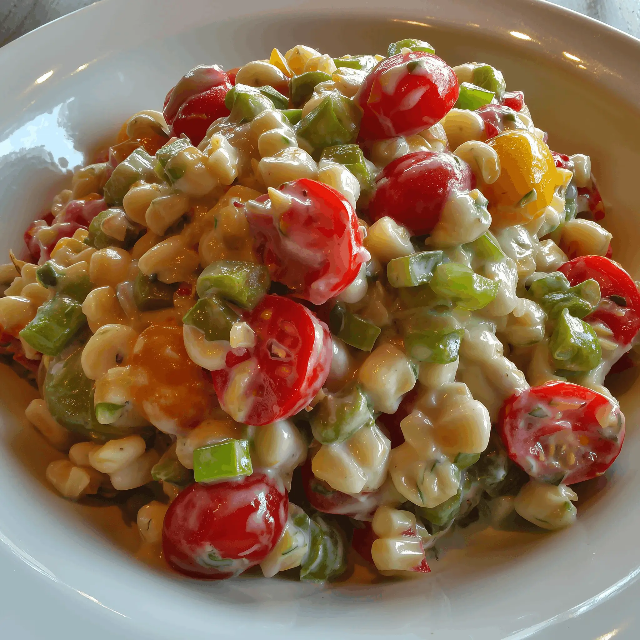 A vibrant bowl of corn salad with cherry tomatoes, chopped green onions, and a creamy dressing, served in a white dish.