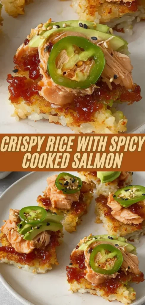 Close-up of crispy rice topped with spicy cooked salmon, garnished with slices of jalapeƱo peppers, avocado, and sprinkled with sesame seeds.
