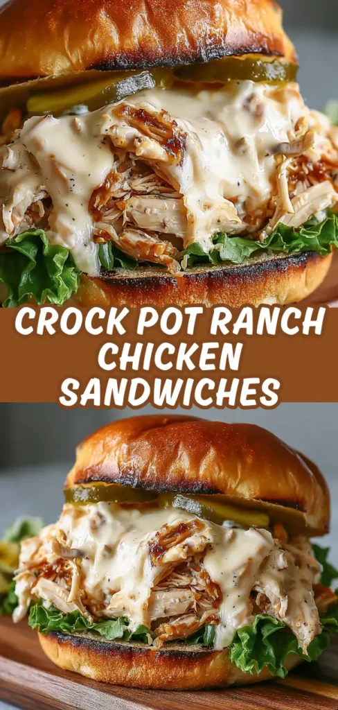 Close-up of a Crock Pot Ranch Chicken Sandwich with shredded chicken covered in creamy sauce, topped with pickles, and served on a toasted bun with fresh lettuce underneath.