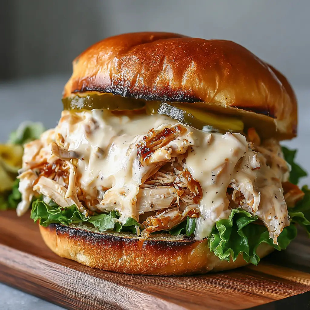 Juicy pulled chicken sandwich with melted cheese, pickles, and fresh lettuce on a toasted bun, served on a wooden board.