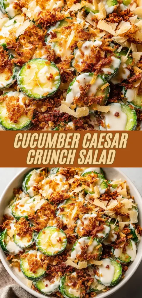 A vibrant cucumber Caesar crunch salad topped with creamy dressing, crispy croutons, and shaved cheese, served in a bowl.