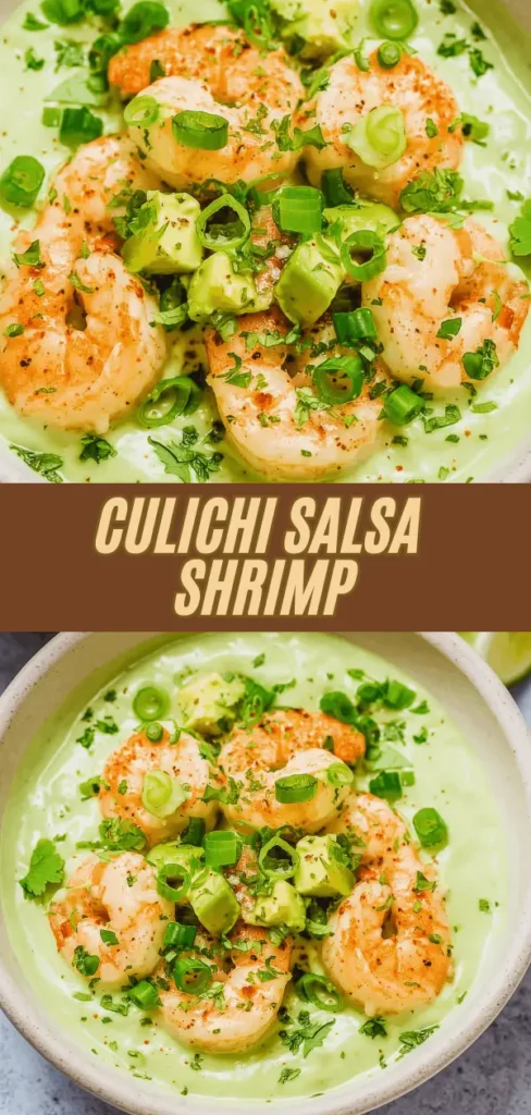 Cilichi Salsa Shrimp in a creamy green sauce, topped with green onions, avocado, and fresh cilantro.