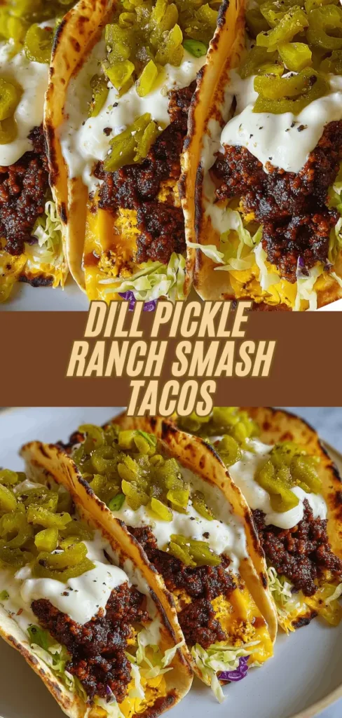 delicious dill pickle ranch smash tacos filled with seasoned ground beef, shredded cheese, fresh lettuce, and topped with chopped dill pickles and ranch sauce, served in crispy taco shells.