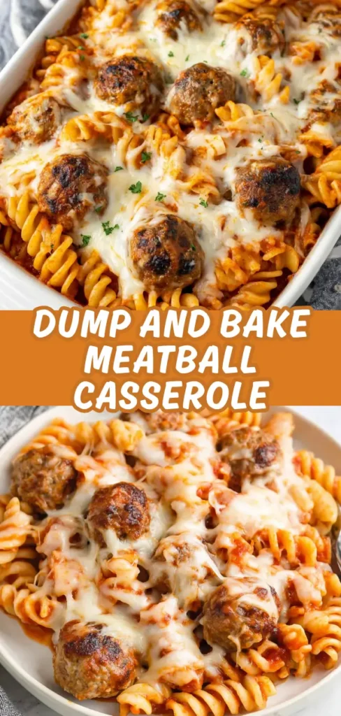 A baked pasta casserole with meatballs, melted cheese, and pasta, garnished with chopped parsley in a white baking dish.