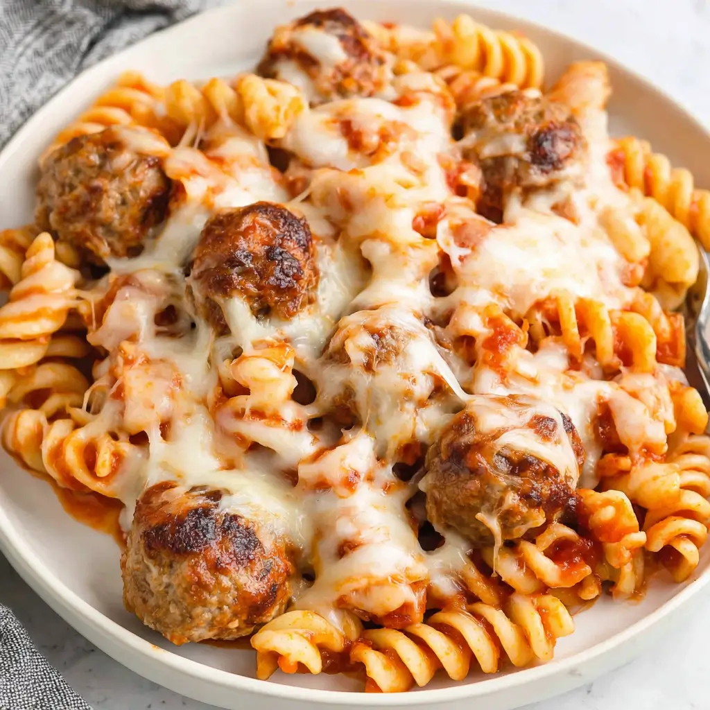 A close-up of baked spaghetti and meatballs in a white bowl, topped with melted cheese and some browned meatballs.