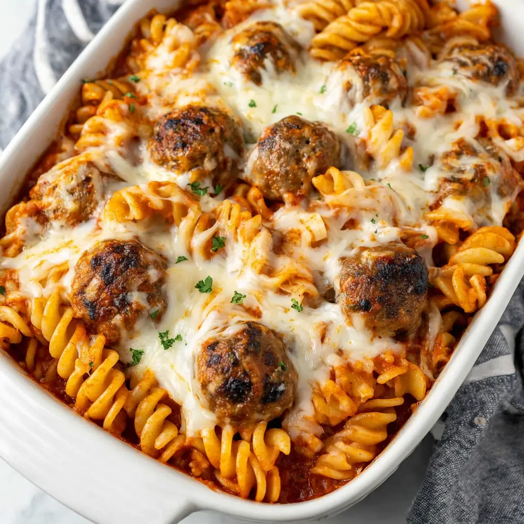 Baked pasta casserole with meatballs, topped with melted cheese and garnished with chopped parsley, in a white baking dish.