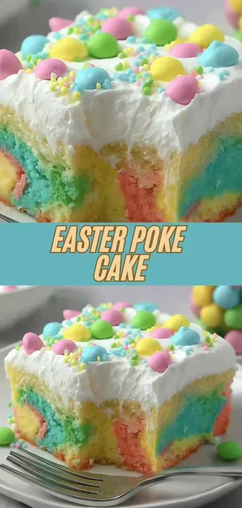 Easter poke cake with pastel pink, blue, green, and yellow Jello swirls, whipped cream frosting, and colorful Easter candy egg decorations