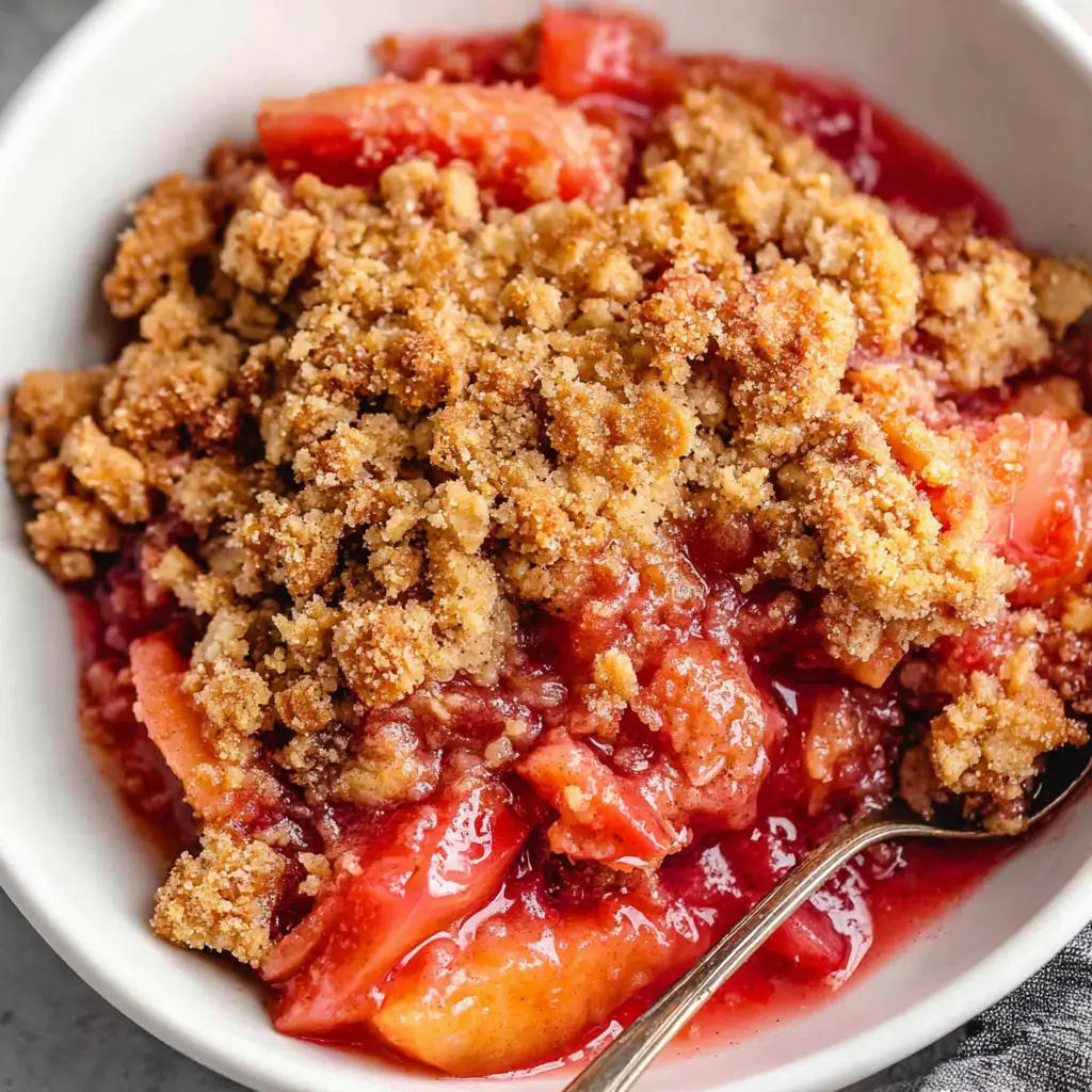 A close-up of a freshly baked fruit crumble topped with a crunchy streusel, served in a white bowl with a spoon. The crumble reveals a bubbling, sweet fruit filling, likely made with strawberries and other berries.