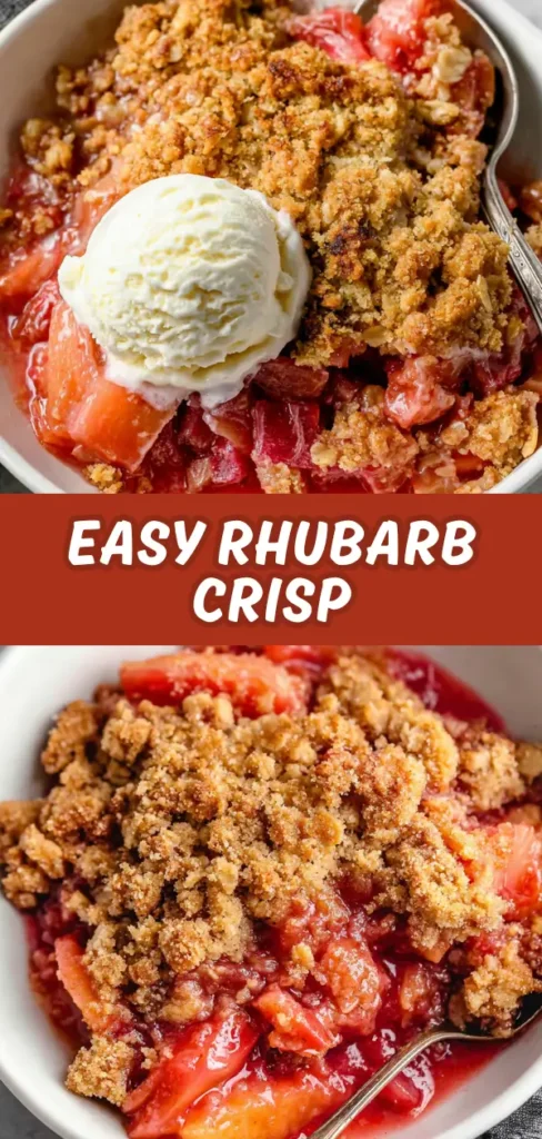 A close-up of a bowl of easy rhubarb crisp topped with a golden, crumbly streusel, with a scoop of vanilla ice cream on the side. The vibrant red rhubarb filling is bubbling beneath the crust.