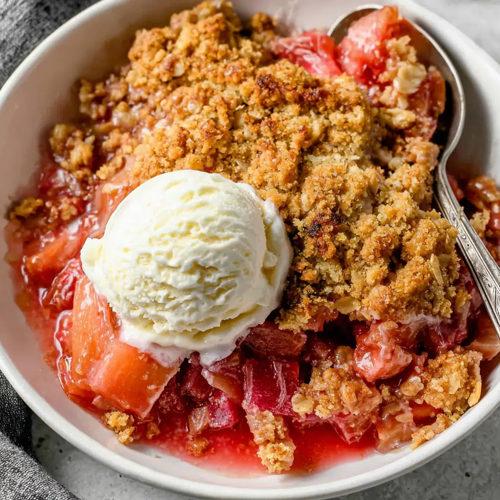 A bowl of freshly baked fruit crisp topped with a scoop of vanilla ice cream, featuring a mix of cooked strawberries and rhubarb with a golden, crumbly topping.