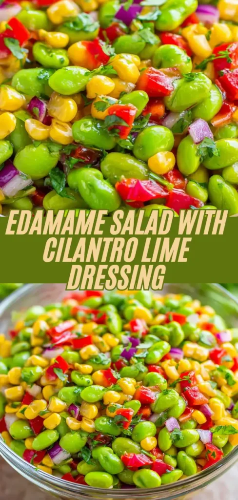 bowl of edamame salad with cilantro lime dressing, featuring bright green edamame beans, red bell peppers, yellow corn, and chopped red onions.