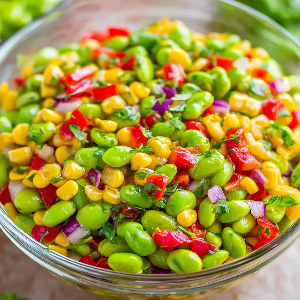 colorful bowl of fresh Mexican-style corn and bean salad with chopped red onions, red bell peppers, and cilantro.