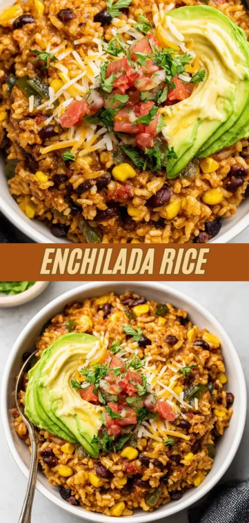 A bowl of flavorful enchilada rice topped with sliced avocado, fresh tomato salsa, shredded cheese, and chopped cilantro.