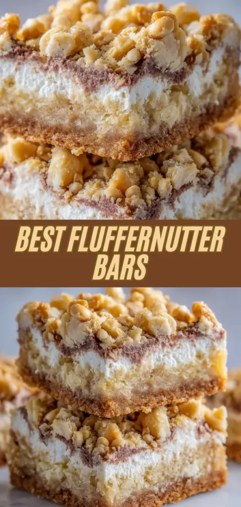 Close-up of stacked Nutella Fluffernutter Bars with a crumbly crust, creamy filling, and nut topping.