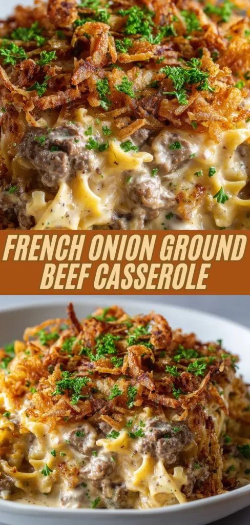 A close-up of a creamy beef and mushroom pasta topped with crispy fried onions and chopped parsley, served in a white bowl.