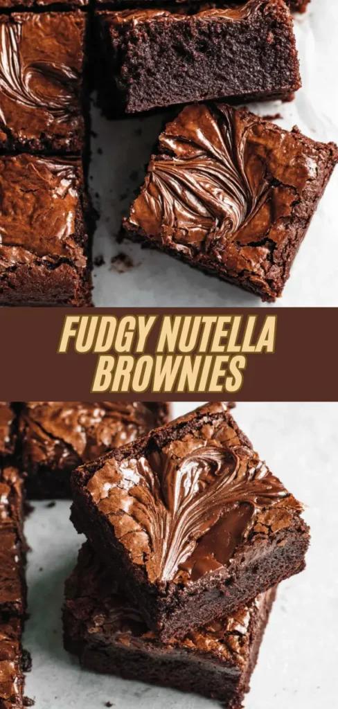 Fudgy Nutella brownies with a glossy, swirled Nutella topping, showing a dense and moist interior.