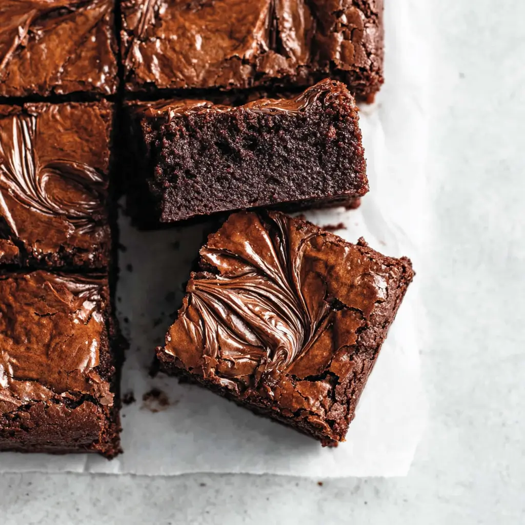 Close-up of a fudgy chocolate brownie with a glossy chocolate swirl on top, showing a dense and moist interior.